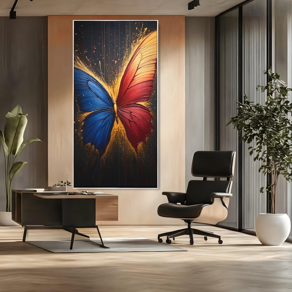 Tablou canvas cu tablou canvas cu fluture colorat, in rama de aluminiu argintiu, pe perete intr-un birou